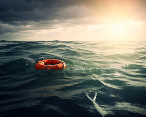 Orange lifebuoy on the water surface. Accident prevention and life rescue concept. Generative AI.