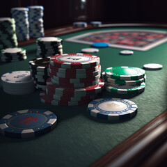 Diverse poker chips on the green surface of the table. Risk and gambling concept. Generative AI.