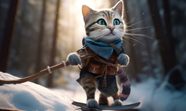 A forest cat wearing clothes stands on the wooden skis. Feline hiking in the snowy mountains. Generative AI.