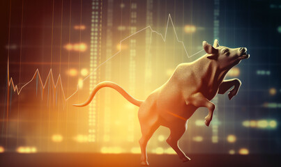 An image of a bull at stock market graph and bar chart price display backdrop. Generative AI.