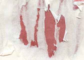 Ripped wrinkled glued paper poster texture. White creased wrinkled peeling weathered empty poster...