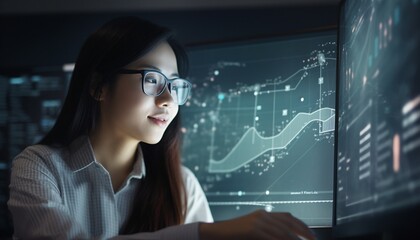 Woman at computer in office to analyze finances and information, generative AI