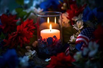 Solitary lit candle within a glass lantern, surrounded by a wreath of red, white, and blue flowers, paying tribute to fallen heroes on Memorial Day.