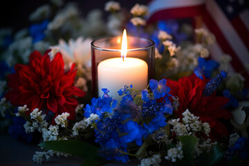 Solitary lit candle within a glass lantern, surrounded by a wreath of red, white, and blue flowers, paying tribute to fallen heroes on Memorial Day.