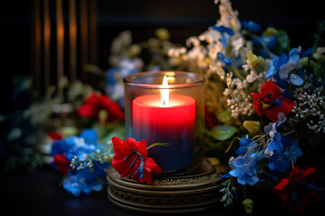 Solitary lit candle within a glass lantern, surrounded by a wreath of red, white, and blue flowers, paying tribute to fallen heroes on Memorial Day.