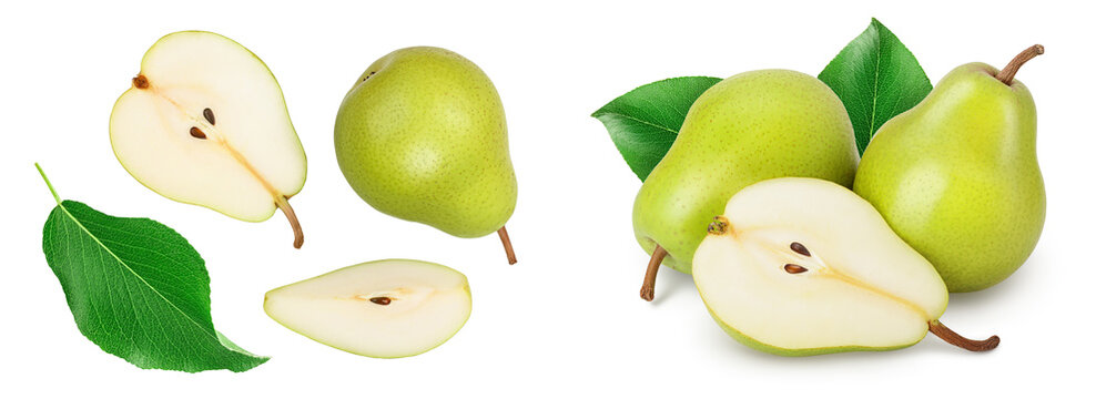 Green pear fruit with half and slices isolated on white background . Top view. Flat lay