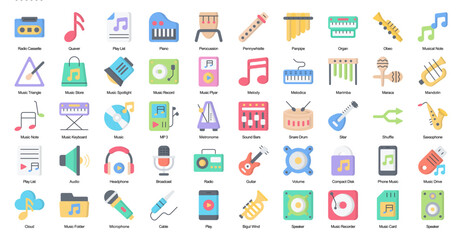 Rock & Roll Flat Iconset Instrument Music Color Icon Bundle