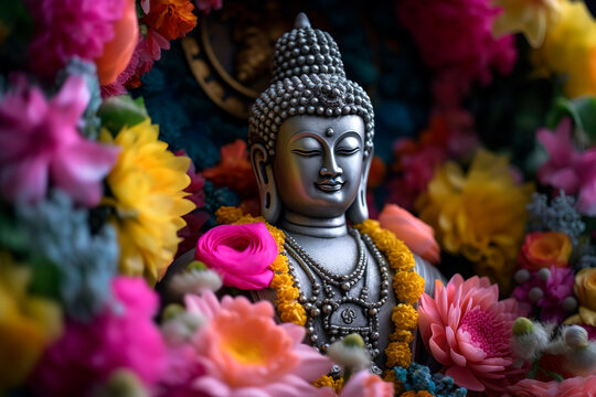 Ornate Buddha statue adorned with ceremonial flowers and colorful fabric during Vesak Day celebrations. 
