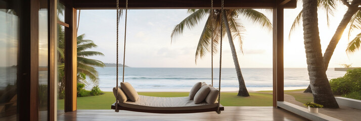 Luxury house veranda with hanging swing and beach view, generative ai