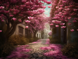 Alley of lushly blooming pink magnolias