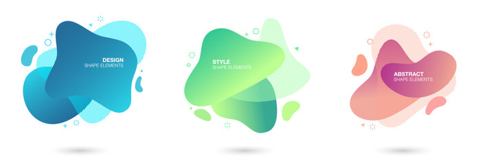 Set of abstract gradient liquid shape amoeba graphic elements. Colored fluid elements for minimal banner, logo.