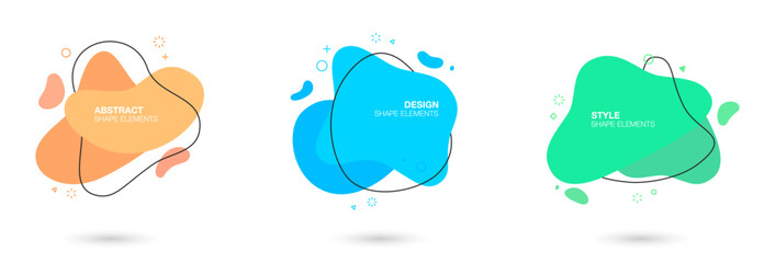 Set of abstract liquid shape graphic elements with black line. Colored fluid amoeba elements for minimal banner, logo.