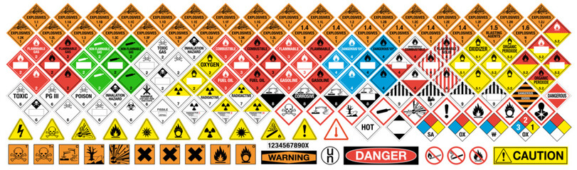 Hazard vector signs. All classes. All signs. Vector hazardous material signs collection. Hazmat vector isolated placards label set. - obrazy, fototapety, plakaty