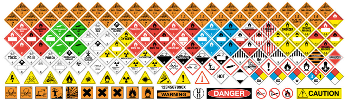 Hazard vector signs. All classes. All signs. Vector hazardous material signs collection. Hazmat vector isolated placards label set.