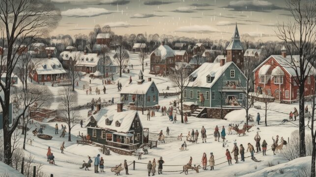Snow covered village scene greeting card style