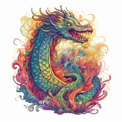 Oriental style multicolored dragon in flames
