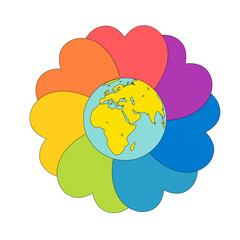 Rainbow flower with hearth-shaped petals and earth. Vector illustration for the International Day Against Homophobia, isolated, clip art.