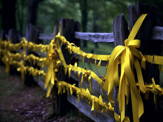 Rustic wooden fence adorned with yellow ribbons, embodying the spirit of unity, patriotism, and remembrance on Memorial Day.
