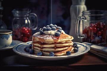 Blueberry maple syrup pancake stack
