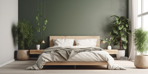 Interior of bedroom with wooden made bed with plants. Empty wall with space for text. Generative AI.