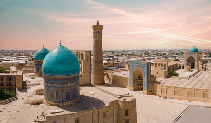 Buhara, Uzbekistan Aerial view of Mir-i-Arab Madrasa Kalyan minaret and Poi Kalyan Mosque. - obrazy, fototapety, plakaty