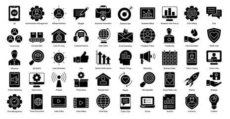 Digital Nomad Glyph Iconset Freelancer Freelancing Glyph Icon Bundle in Black