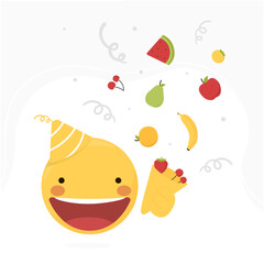 Vector illustration to celebrate World Fruit Day
Happy emoji face with a big smile, fruit party popper in the hand and a yellow hat. 
Explosion of flavors:  strawberry, banana, apple, watermelon …
