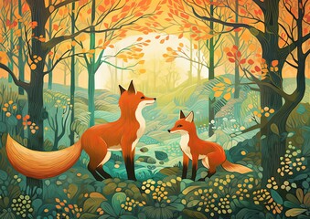 Adorable Hand-Drawn Illustration of red foxes for Children's Book. Generative AI.