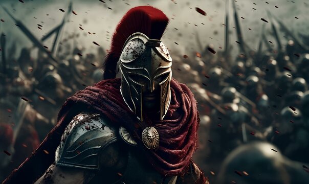 dark epic of spartan warrior in the battle, battle action, dynamic battle scene. generative AI