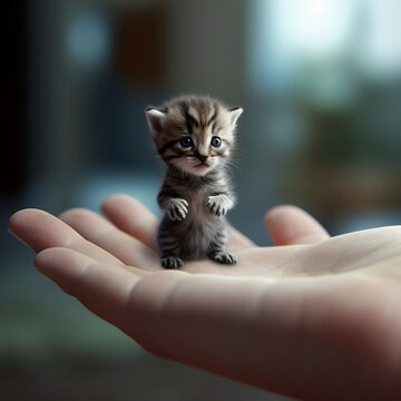 The smallest kitten in the world, super mini kitten on the palm of the hand. Generative AI.