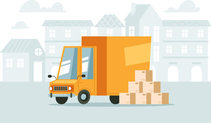 Logistic delivery truck cargo parcel van goods concept. Vector graphic design illustration
