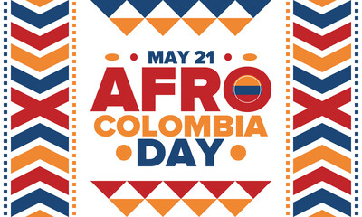 Afro-Colombian Day in Colombia. Celebrate annual in May 21. Freedom day poster. National holiday. Colombian flag. Afro-Colombian culture, history and heritage. Tradition pattern. Vector illustration