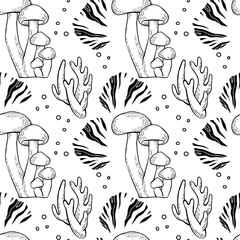 Mushrooms outline black and white vector seamless pattern for textile, wrapping paper, wallpaper