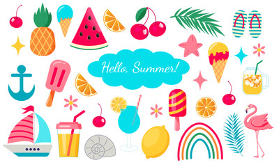 Set of summer icons food, drinks, palm leaves, fruits and flamingo.