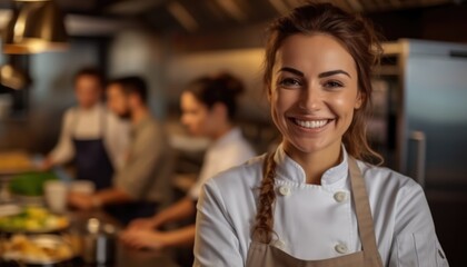 Smiling attractive female chef posing at the restaurant she works for. Generative AI