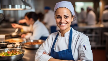Fototapeta na wymiar Smiling attractive female chef posing at the restaurant she works for. Generative AI
