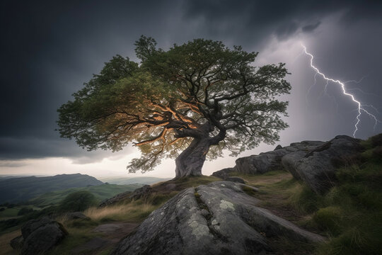 A lone tree stands tall on a grassy hill in storm, Generative AI