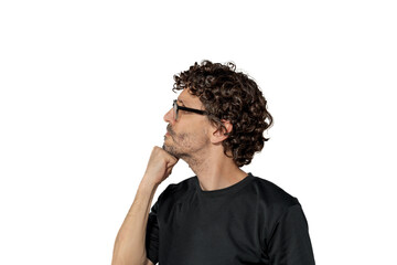 Side profile of a middle-aged man with his fist under his chin, gesturing in thought, on a white background.