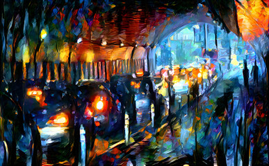 Abstract painting stylized image of a highway tunnel with cars with red brake lights