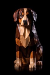 AI-generated illustration of a Bernese Mountain Dog sculpted in wood. MidJourney.