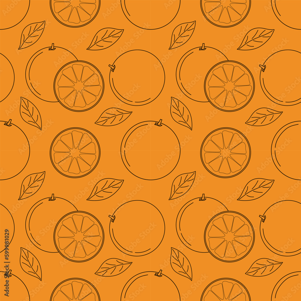 Poster seamless pattern with orange fruits and leaves on orange background. repeated background with orange