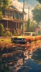 Obraz premium Flooded streets, homes, and cars abandoned; climate change in action. (Generative AI)