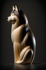 AI-generated illustration of an Alaskan Malamute dog sculpted in wood. MidJourney.