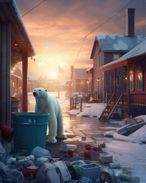 Polar bear scavenging garbage cans in a coastal town, stranded. (Generative AI)