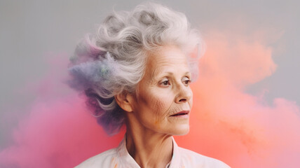 Studio creative portrait of a beautiful middle age woman. Concept of a mindfulness, woman health and anti-aging created with generative ai tools