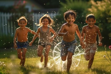 Children playing in the sprinkler on a hot summer day. Generative AI - obrazy, fototapety, plakaty