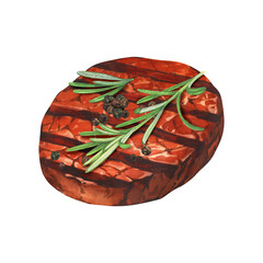 Watercolor grilled meat, bbq steak beef and rosemary twig. Hand-drawn illustration isolated on white background. Perfect for menu cafe, restaurant, recipe book, cooking, barbecue