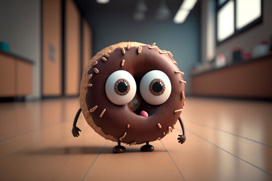 Cute chocolate donut with eyes. Generative AI. Character for children's book, comic book, video game. National Donut Day or Fat Thursday. Funny illustration for pizzeria, cafe, fast food, menu.