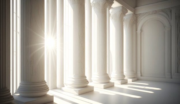 Warm White Marble Luxury Palace Interior. AI generative. Bright Big Sunny Windows with Sun Rays.