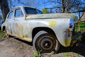 Abandoned Cars, Car Cemetery. Old Retro Rusty Abandoned Car. Vintage car. Old Abandoned Car Cemetery. Abandoned Rusty Automobile